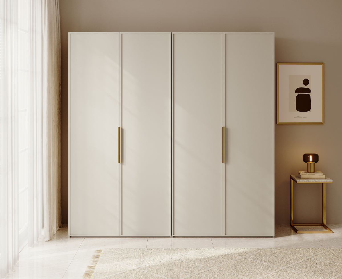 Vier­türiger Frame-Kleiderschrank mit Kleiderstange und Regalen, 200 cm, Grau-Beige