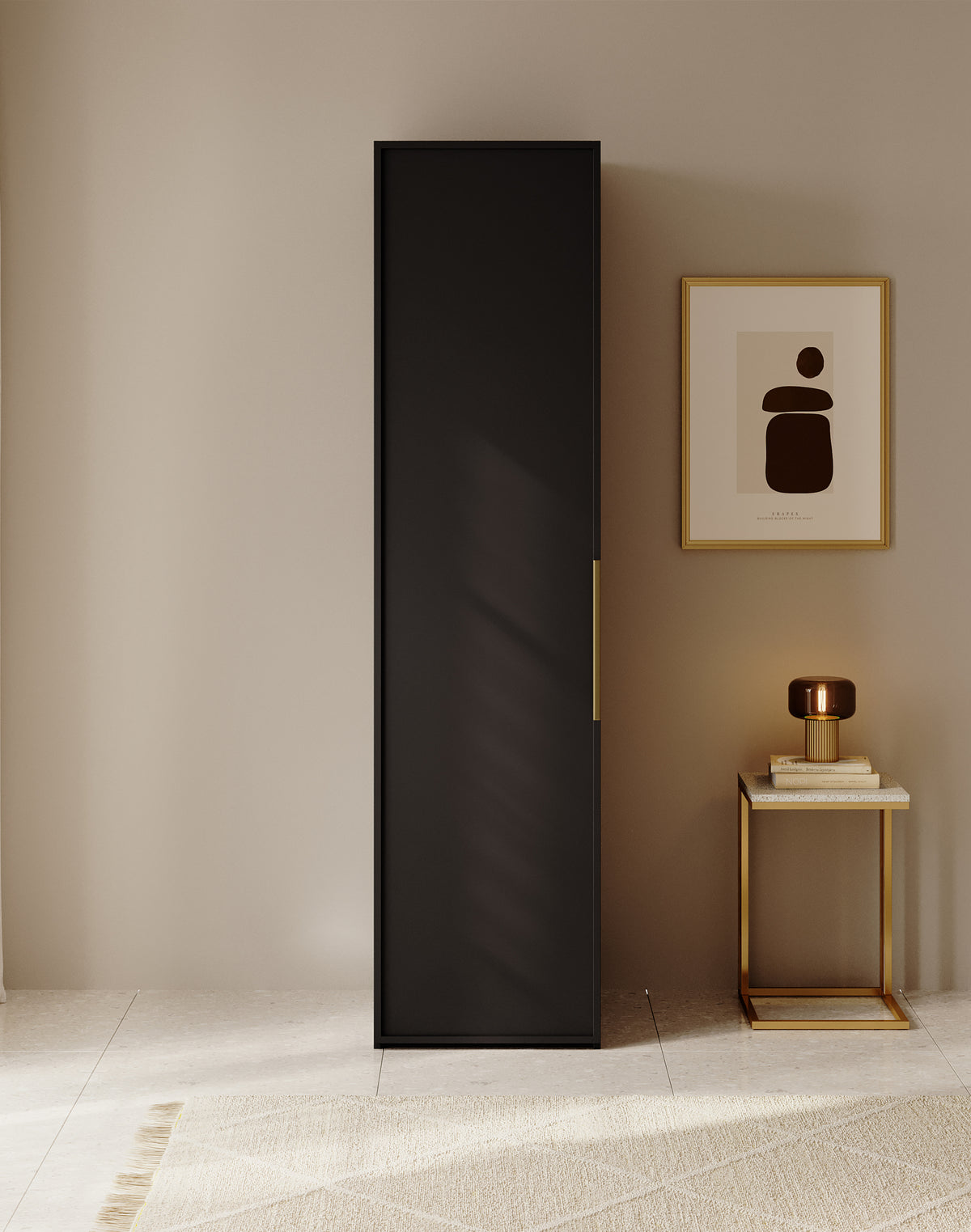 Einzeltüriger Frame-Schrank mit 50 cm Kleiderstange, Schwarz