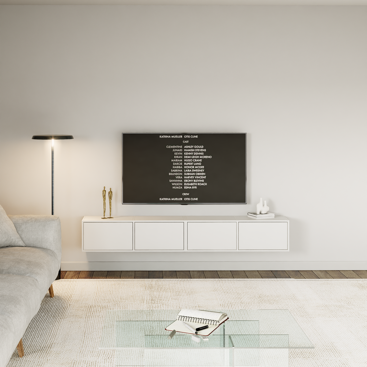 Meuble TV suspendu Framme avec quatre portes rabattables 200 cm blanc