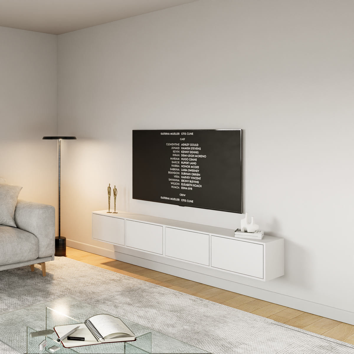 Meuble TV suspendu Framme avec quatre portes rabattables 200 cm blanc