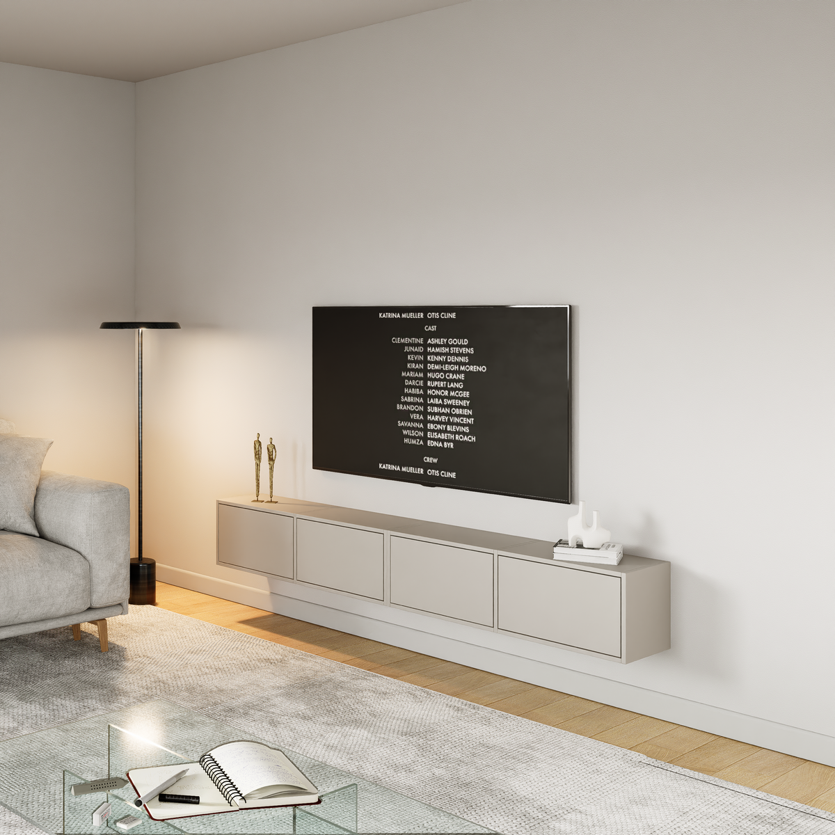 Meuble TV suspendu Framme avec quatre abattants 200 cm cachemire