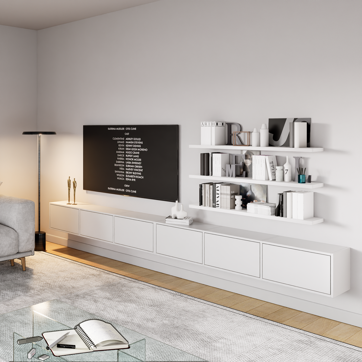 Hängender TV-Schrank Framme mit sechs Klappen, 300 cm, weiß