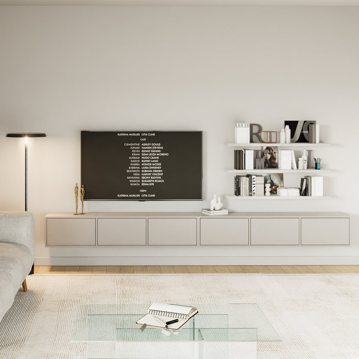 Hängender TV-Schrank Framme mit sechs Klappen, 300 cm, Kaschmir