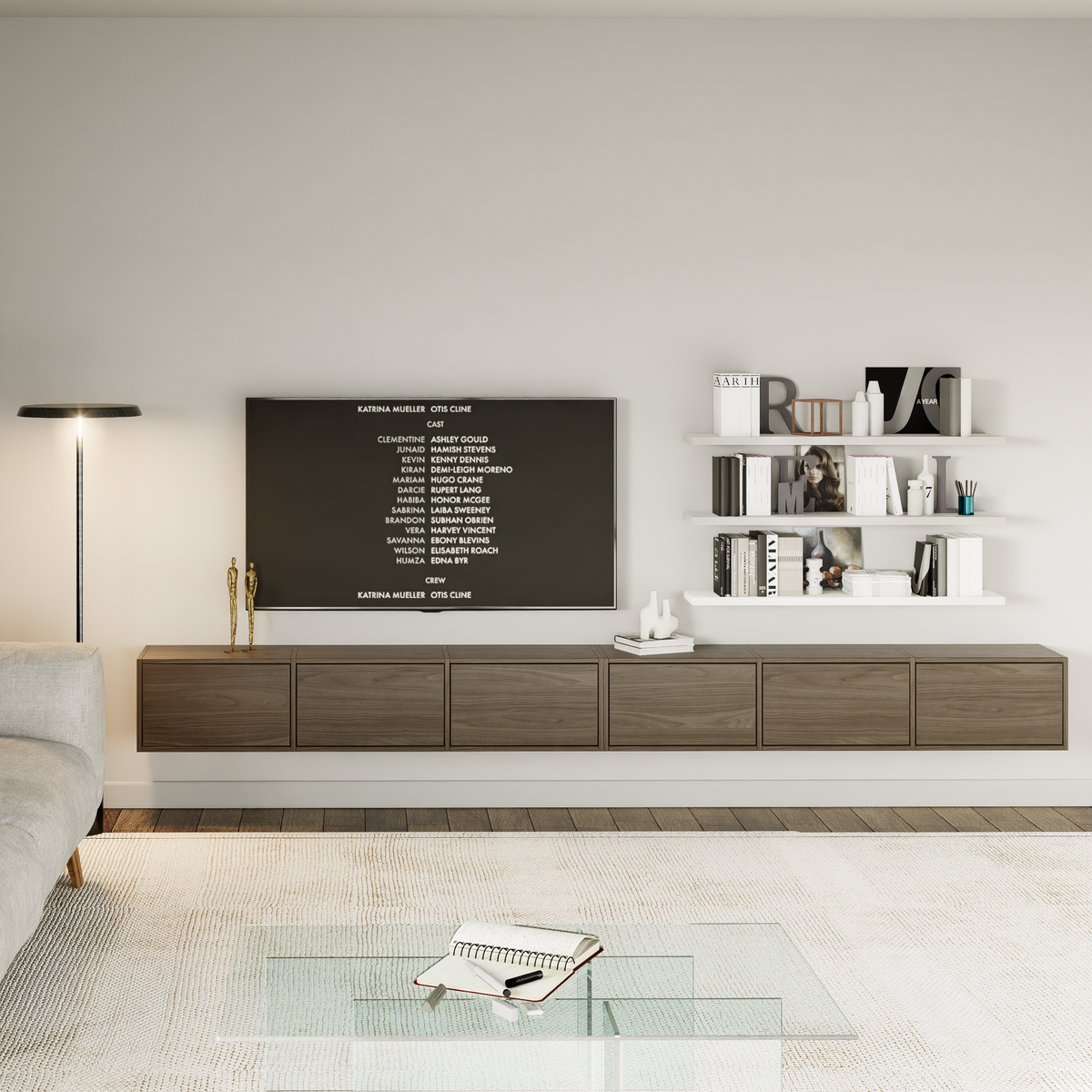 Meuble TV Framme suspendu avec six portes battantes 300 cm noyer Wisconsin