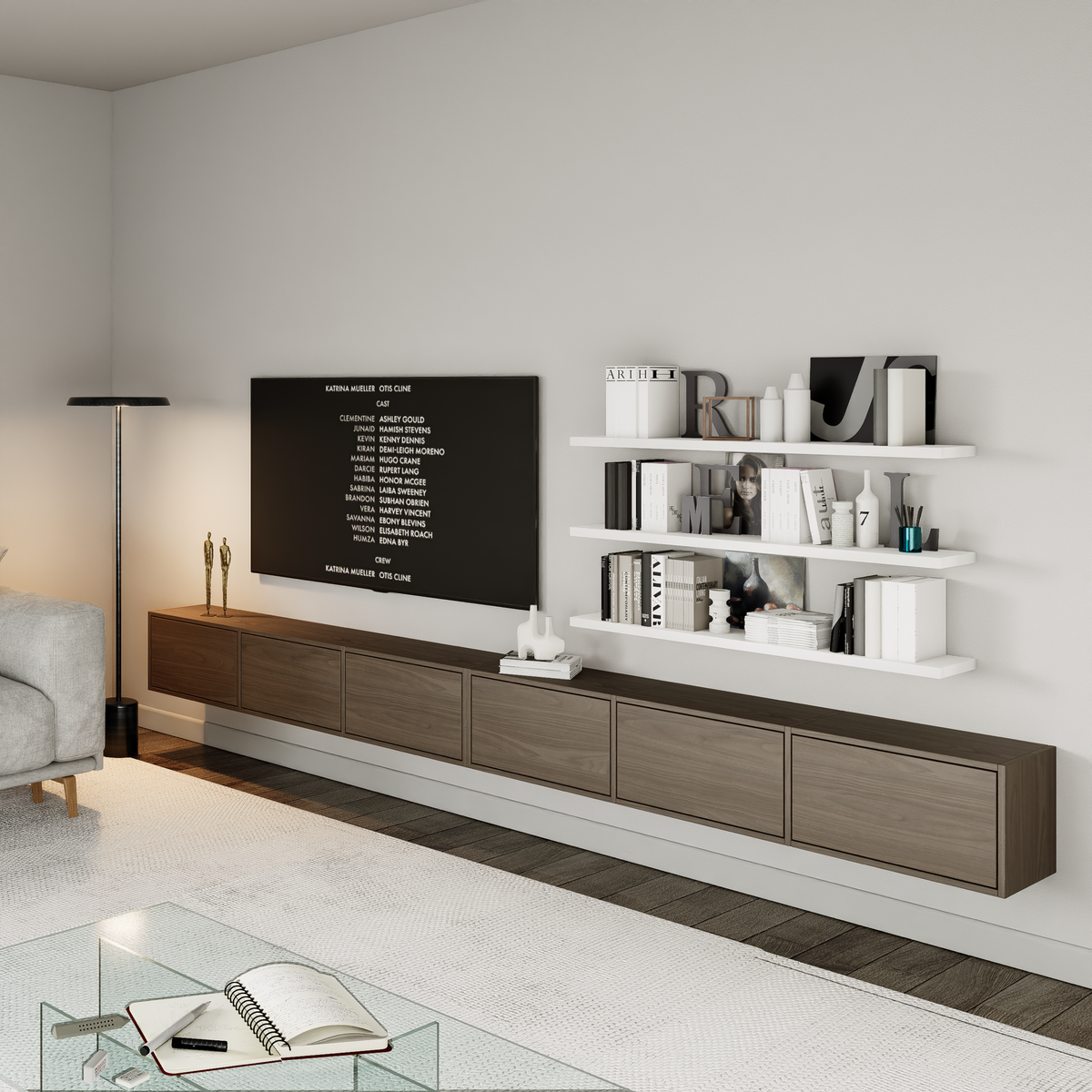 Meuble TV Framme suspendu avec six portes battantes 300 cm noyer Wisconsin