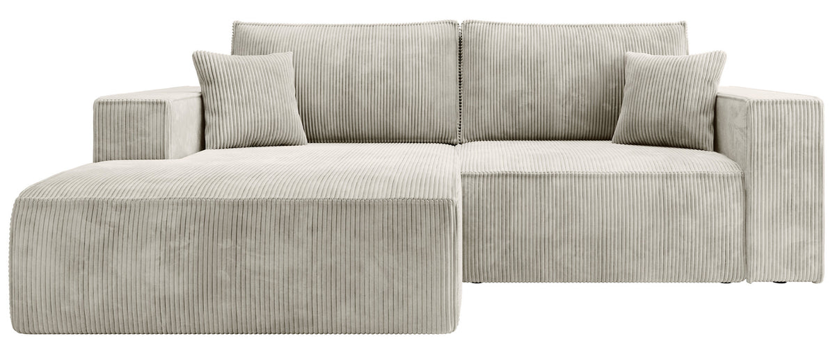 Canapé d’angle avec fonction couchage Farese mini en L, côté gauche, avec coffre, velours côtelé gris-beige