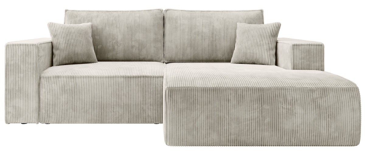 Canapé d'angle avec fonction couchage Farese mini en L, droit, avec coffre, velours côtelé gris-beige