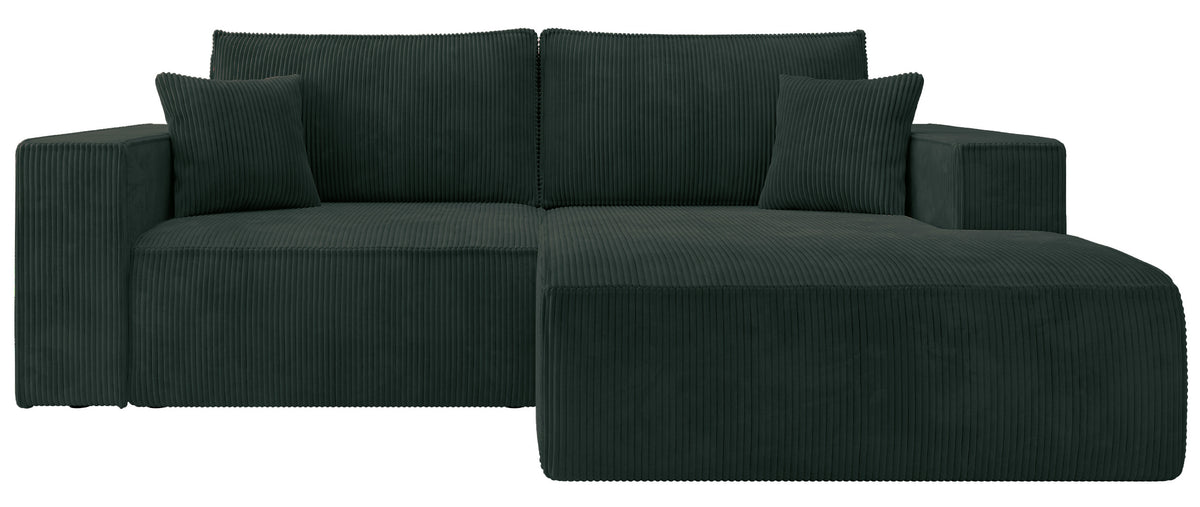 Canapé d'angle avec fonction couchage Farese mini en L, côté droit, avec coffre, velours côtelé vert foncé