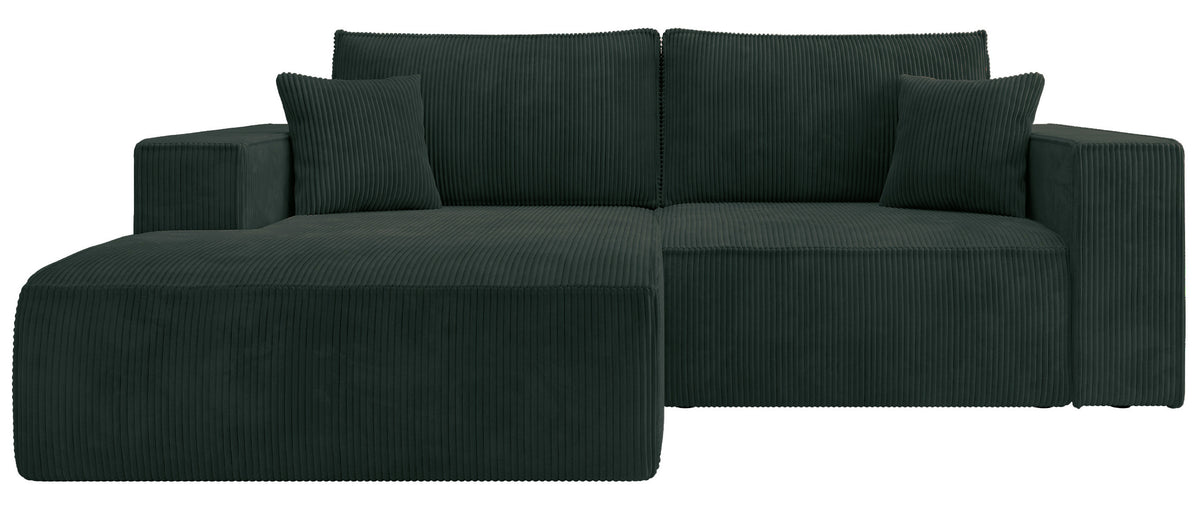 Canapé d'angle avec fonction couchage Farese mini en L, côté gauche, avec coffre, velours côtelé vert foncé