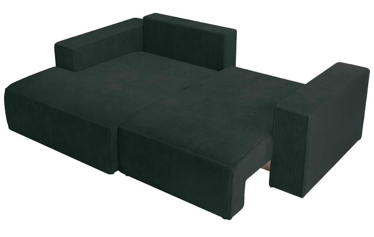 Ecksofa mit Schlaffunktion Farese Mini, L-förmig, linksseitig, mit Stauraum, dunkelgrüner Cordstoff