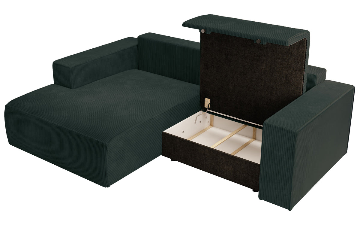 Ecksofa mit Schlaffunktion Farese Mini, L-förmig, linksseitig, mit Stauraum, dunkelgrüner Cordstoff