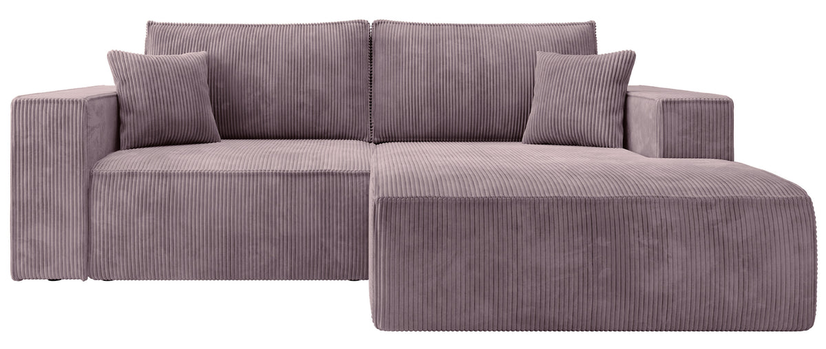 Canapé d'angle avec fonction couchage Farese mini en L, côté droit, avec rangement, velours côtelé lilas