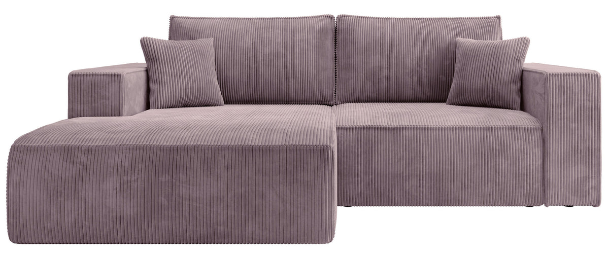 Canapé d'angle avec fonction couchage Farese mini, forme en L, côté gauche, avec rangement, velours côtelé lilas