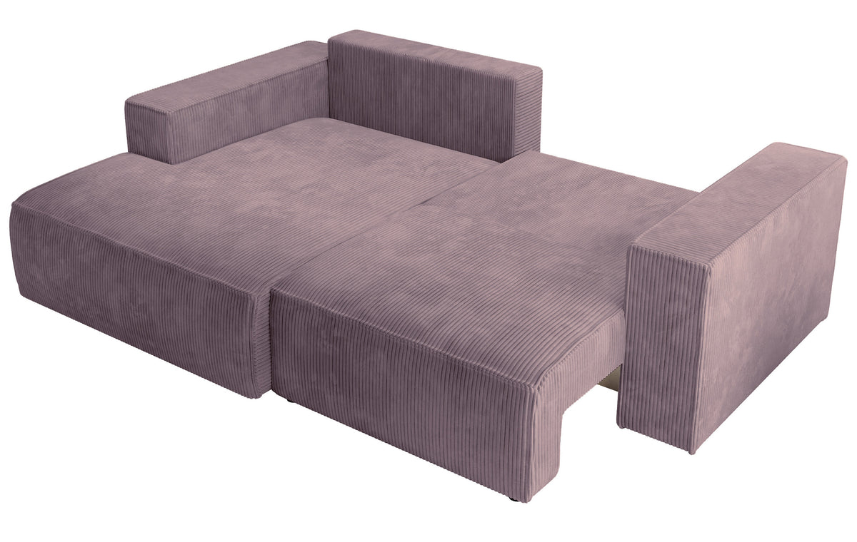Canapé d'angle avec fonction couchage Farese mini, forme en L, côté gauche, avec rangement, velours côtelé lilas