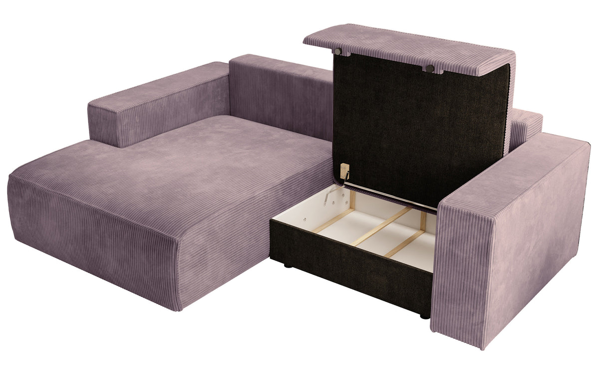 Canapé d'angle avec fonction couchage Farese mini, forme en L, côté gauche, avec rangement, velours côtelé lilas
