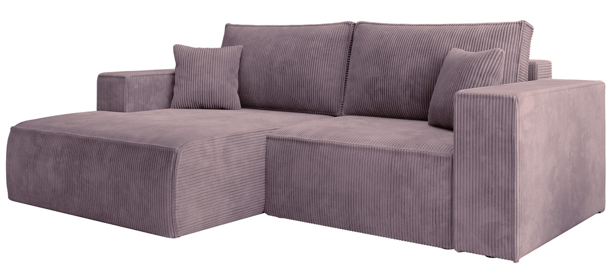 Canapé d'angle avec fonction couchage Farese mini, forme en L, côté gauche, avec rangement, velours côtelé lilas