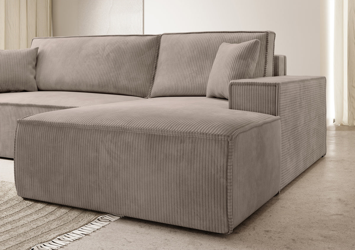 Ecksofa mit Schlaffunktion Farese New, L-förmig, mit Stauraum, beige Cord, rechtsseitig