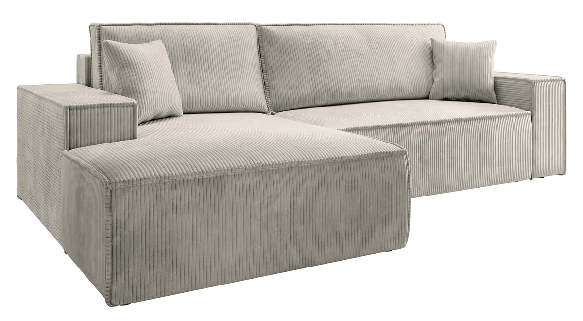 Ecksofa mit Schlafunktion Farese New L-förmig mit Stauraum, cremefarbener Cord, linksseitig