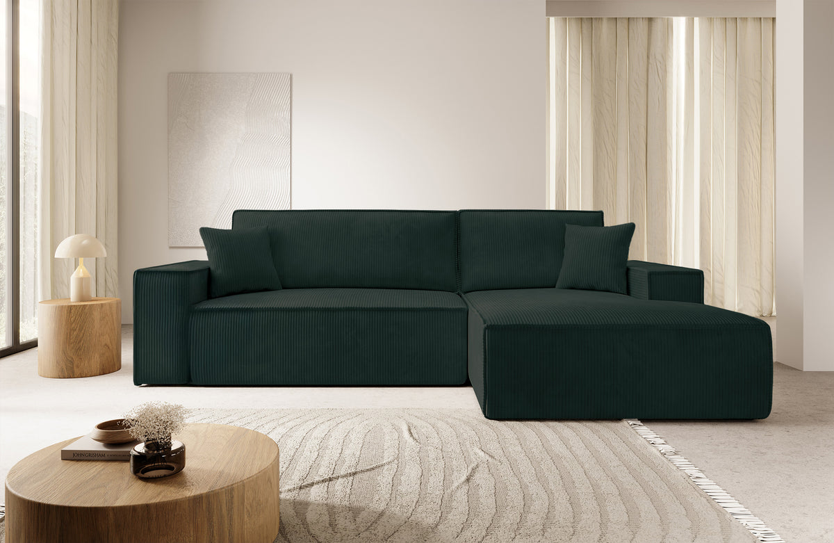 Canapé d'angle avec fonction couchage Farese New en velours côtelé vert, modèle L, coffre de rangement, version droite