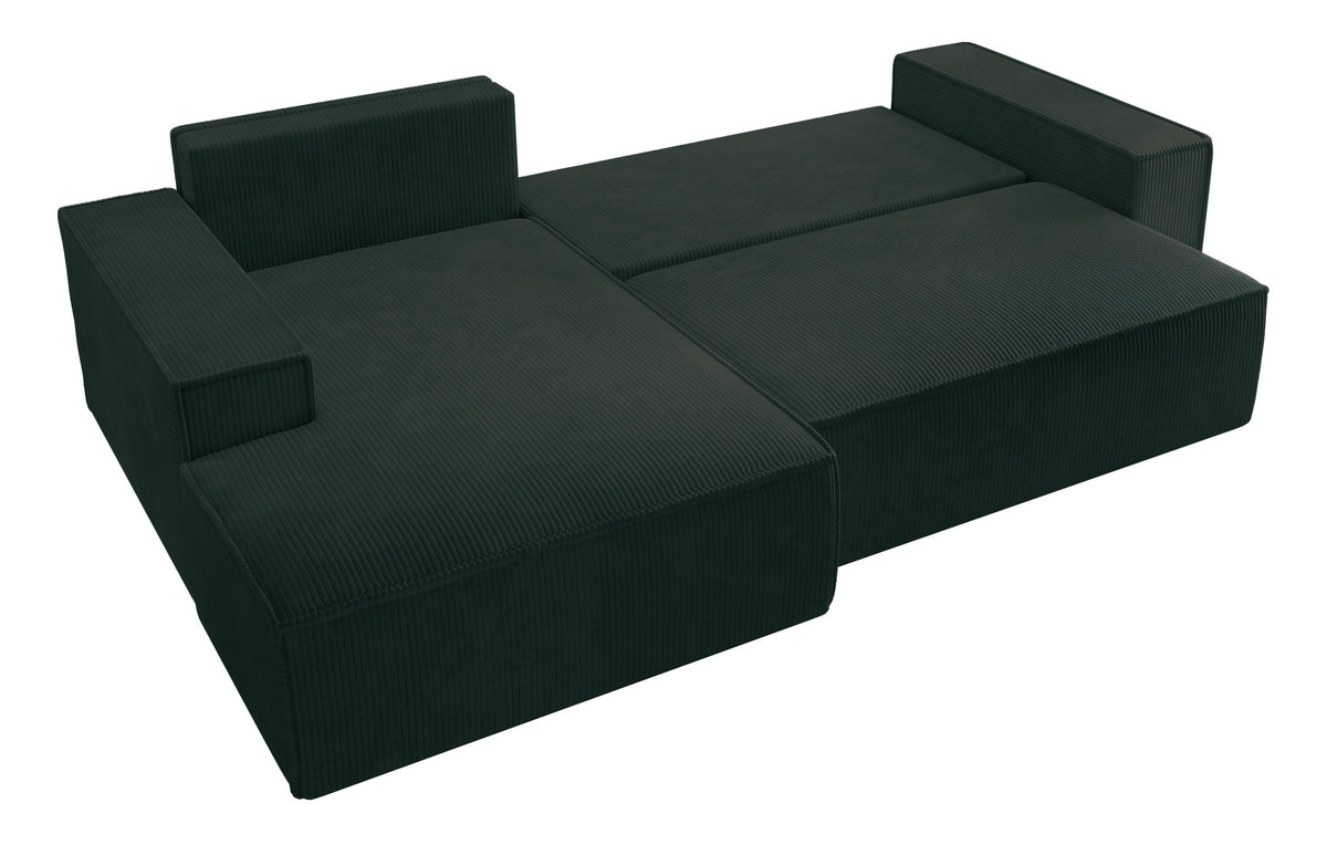 Canapé d'angle avec fonction couchage Farese New en velours côtelé vert, modèle gauche avec coffre de rangement