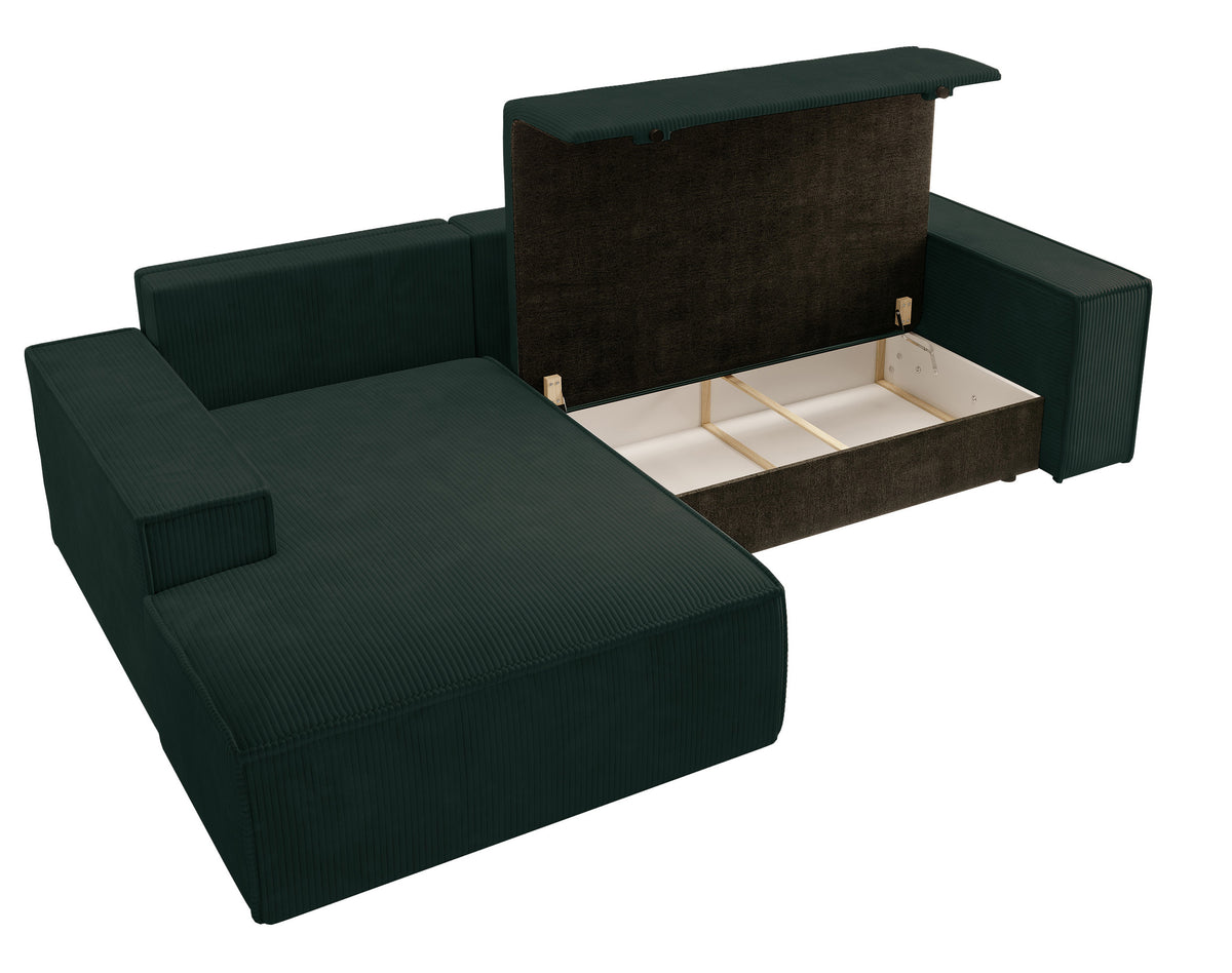 Canapé d'angle avec fonction couchage Farese New en velours côtelé vert, modèle gauche avec coffre de rangement