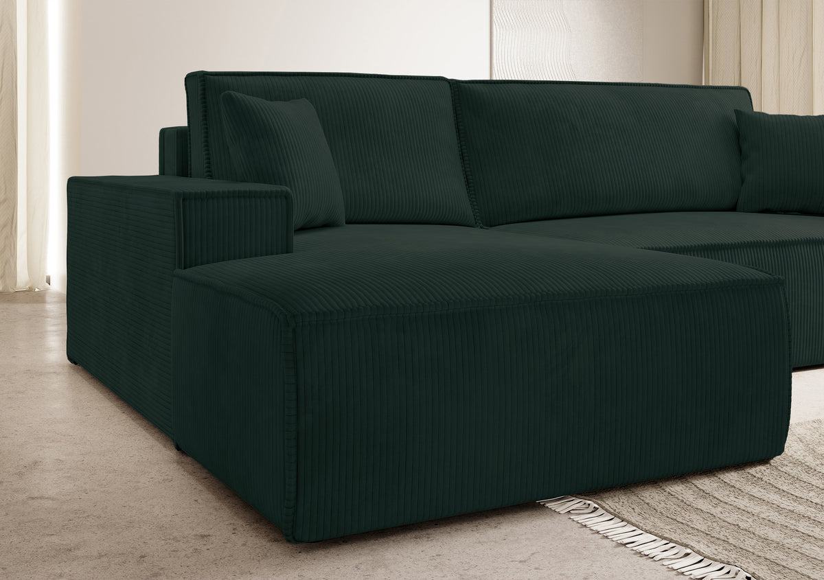 Canapé d'angle avec fonction couchage Farese New en velours côtelé vert, modèle gauche avec coffre de rangement