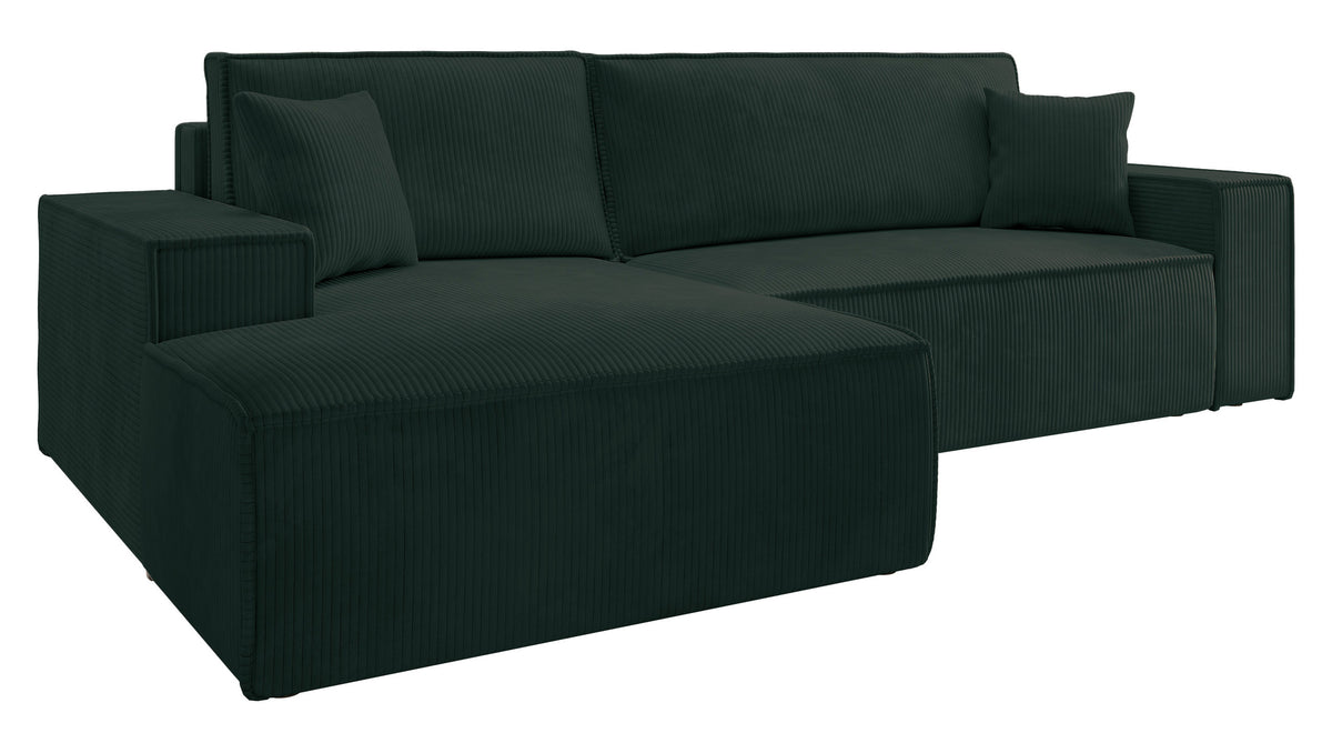 Canapé d'angle avec fonction couchage Farese New en velours côtelé vert, modèle gauche avec coffre de rangement