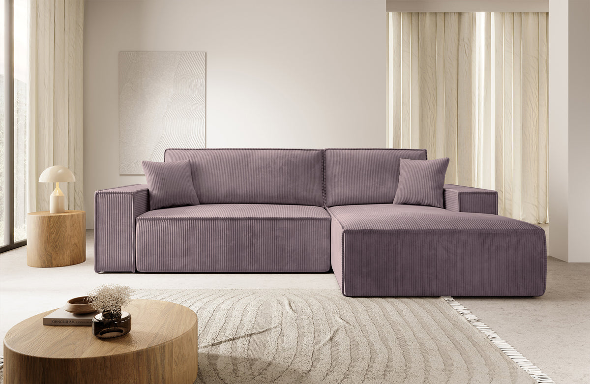 Canapé d'angle avec fonction couchage Farese New en velours côtelé rose, configuration en L, avec rangement, version droite