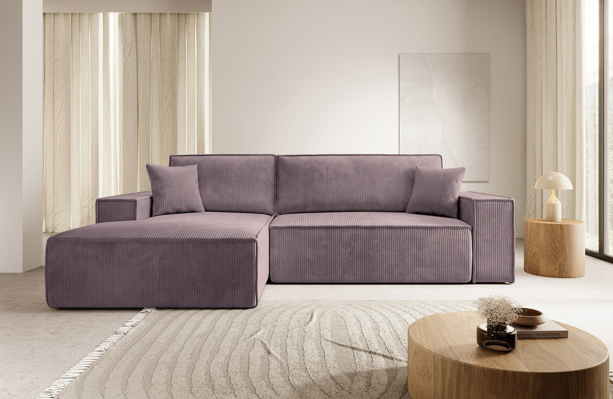 Canapé d’angle convertible Farese New en velours côtelé rose, forme en L, avec rangement, version gauche