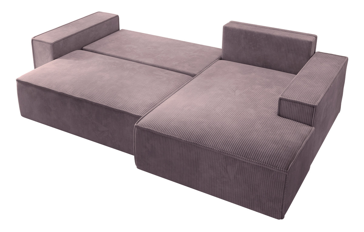 Canapé d'angle avec fonction couchage Farese New en velours côtelé rose, configuration en L, avec rangement, version droite