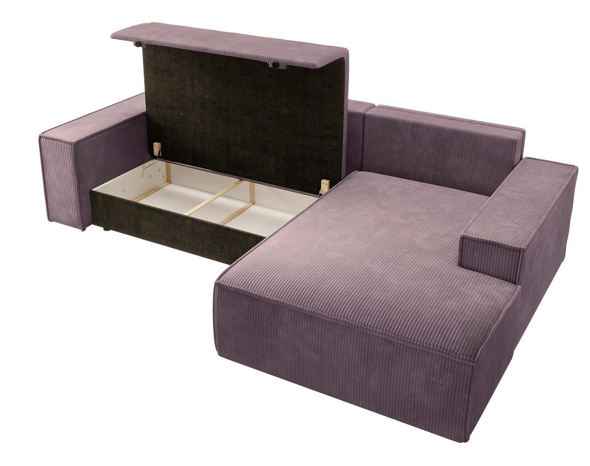 Canapé d'angle avec fonction couchage Farese New en velours côtelé rose, configuration en L, avec rangement, version droite