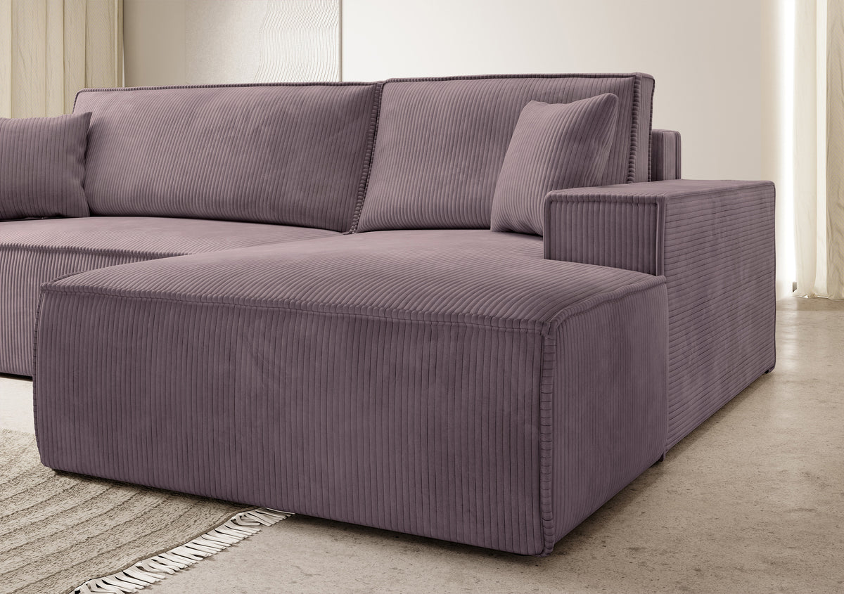 Canapé d'angle avec fonction couchage Farese New en velours côtelé rose, configuration en L, avec rangement, version droite