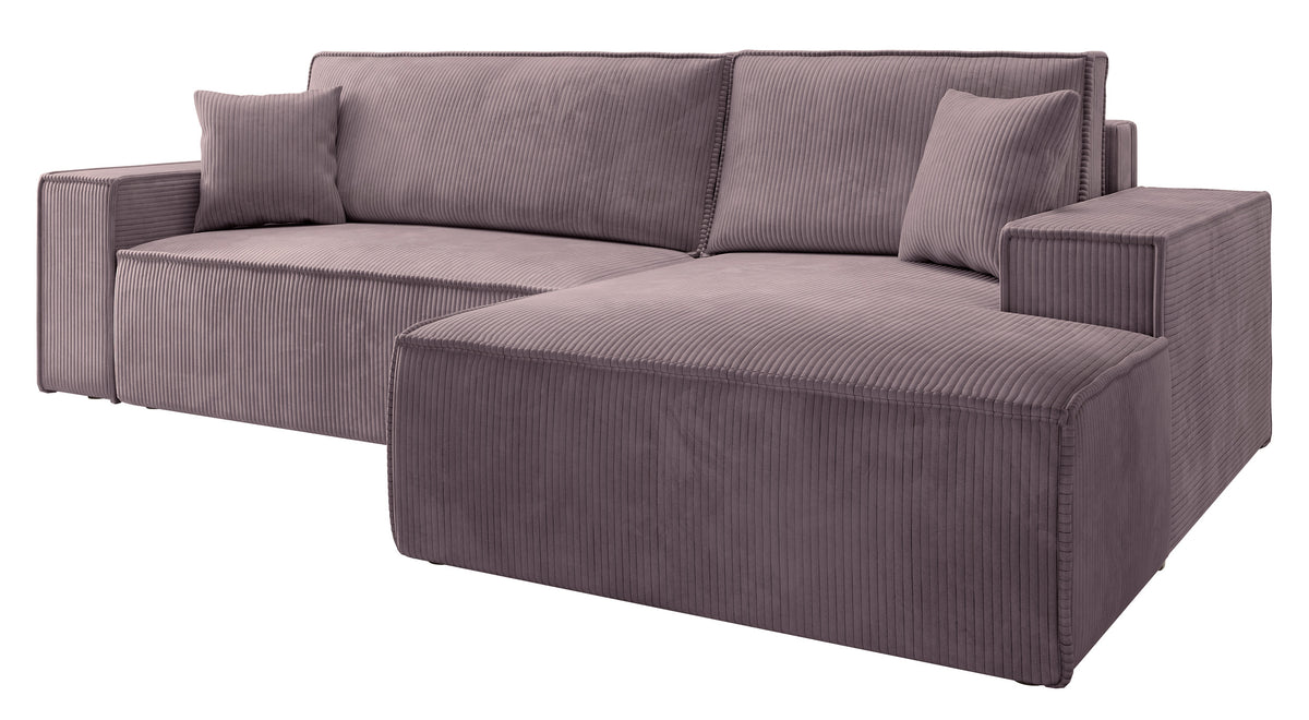 Canapé d'angle avec fonction couchage Farese New en velours côtelé rose, configuration en L, avec rangement, version droite