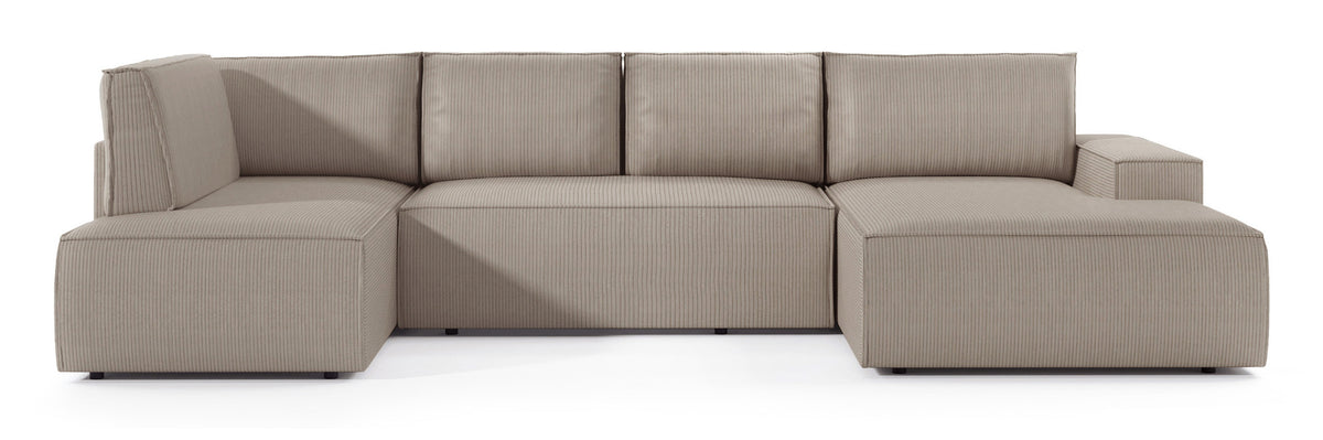 Canapé d'angle avec fonction couchage Farese New en U, avec coffre de rangement, côté droit, velours côtelé beige
