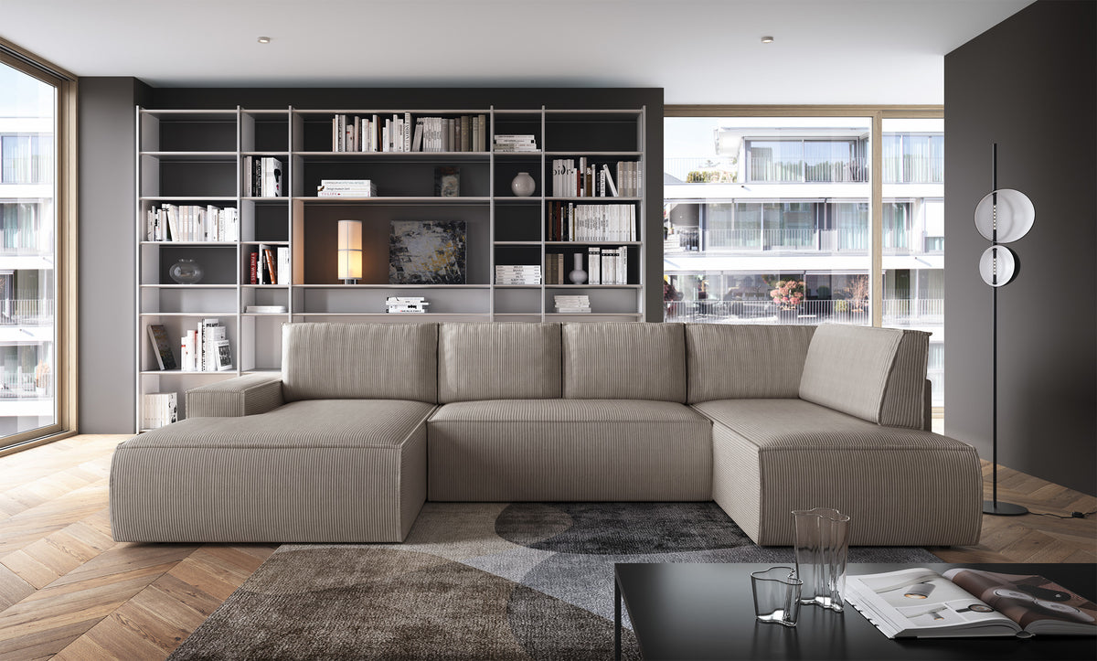 Ecksofa mit Schlaffunktion Farese New U-förmig mit Stauraum, linksseitig, beige Cordstoff