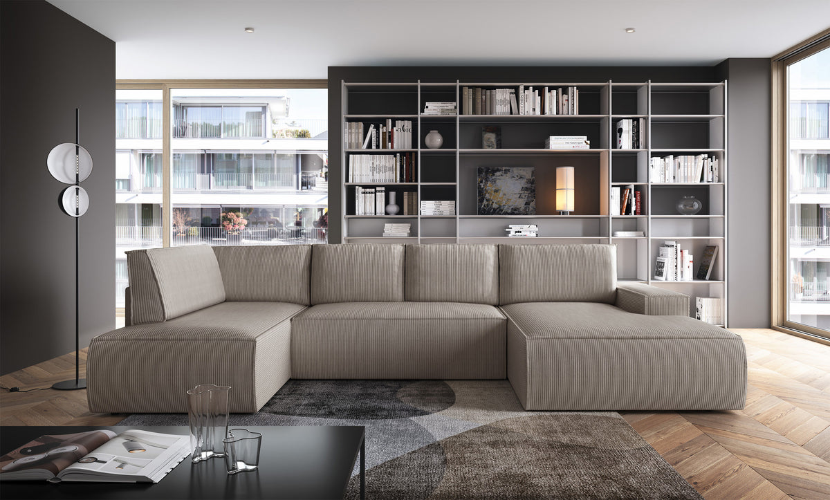 Canapé d'angle avec fonction couchage Farese New en U, avec coffre de rangement, côté droit, velours côtelé beige