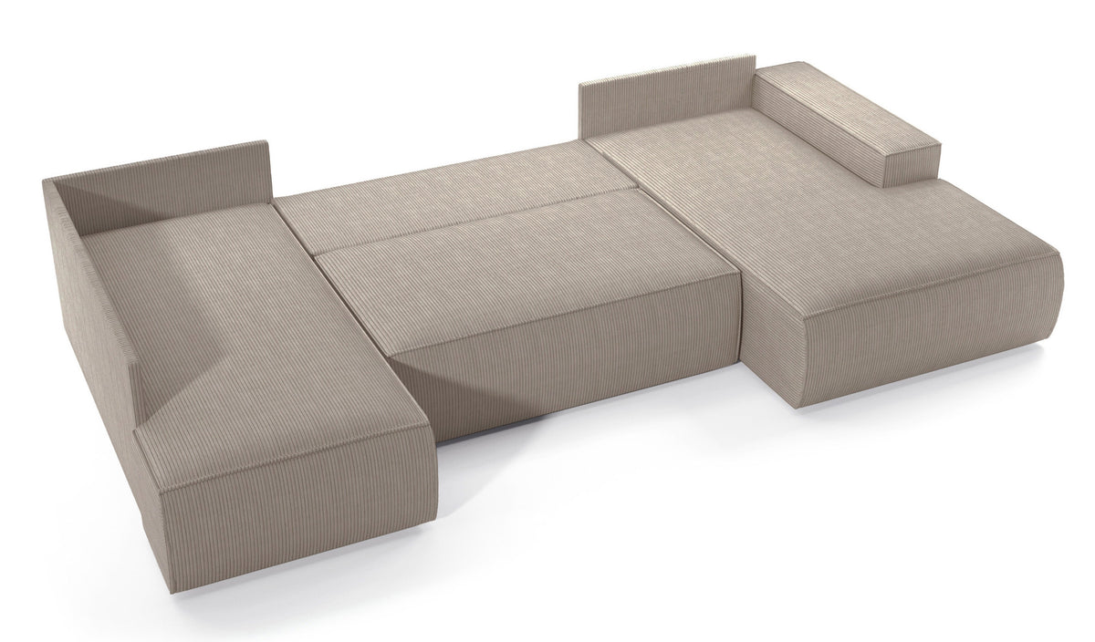Canapé d'angle avec fonction couchage Farese New en U, avec coffre de rangement, côté droit, velours côtelé beige