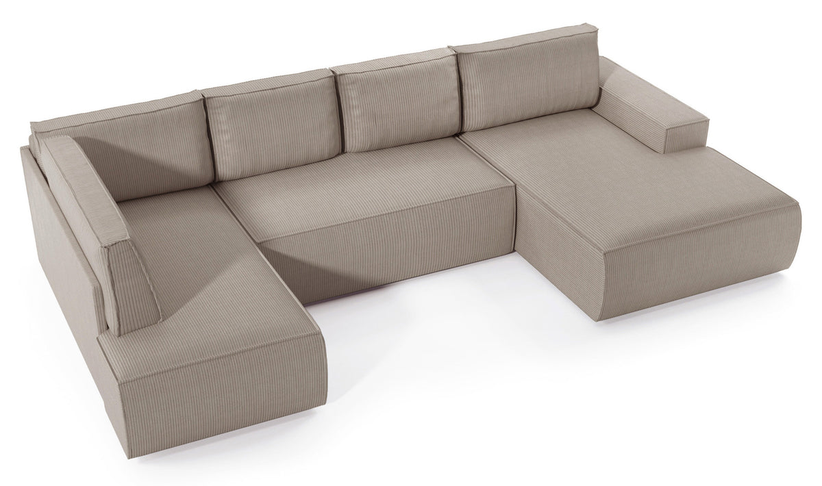 Canapé d'angle avec fonction couchage Farese New en U, avec coffre de rangement, côté droit, velours côtelé beige