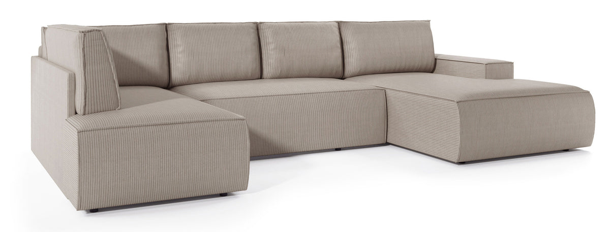 Canapé d'angle avec fonction couchage Farese New en U, avec coffre de rangement, côté droit, velours côtelé beige