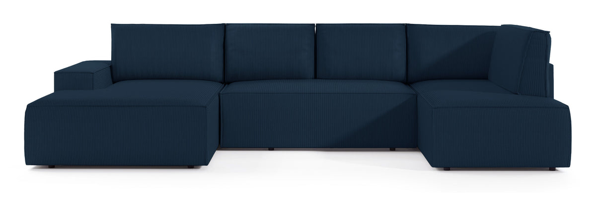 Canapé d'angle convertible Farese New en U avec coffre de rangement, version gauche, velours côtelé bleu marine