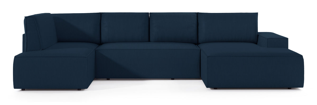 Canapé d'angle convertible Farese New en U avec rangement, modèle droit, velours côtelé bleu marine