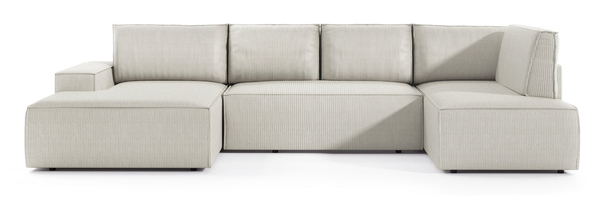 Canapé d'angle avec fonction couchage Farese New en U avec rangement, côté gauche, velours côtelé crème