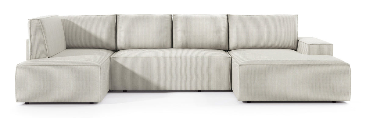 Canapé d'angle avec fonction couchage Farese New en U, avec rangement, angle droit, velours côtelé crème