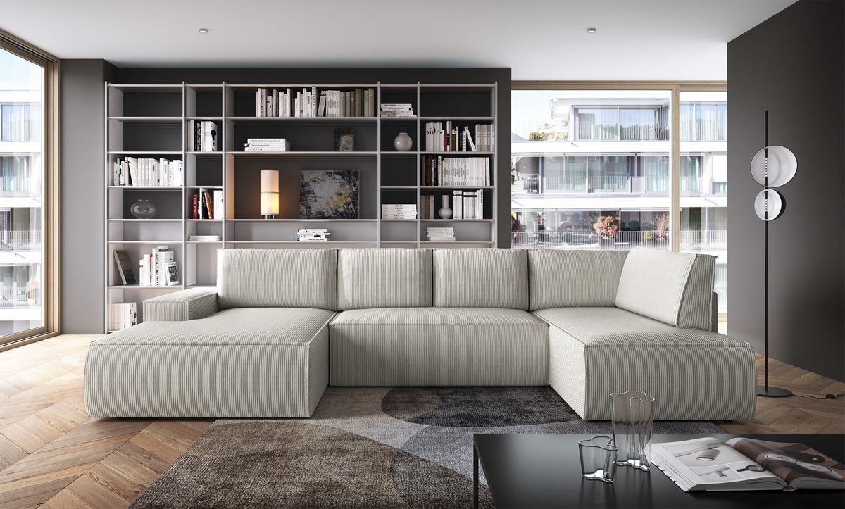 Canapé d'angle avec fonction couchage Farese New en U avec rangement, côté gauche, velours côtelé crème