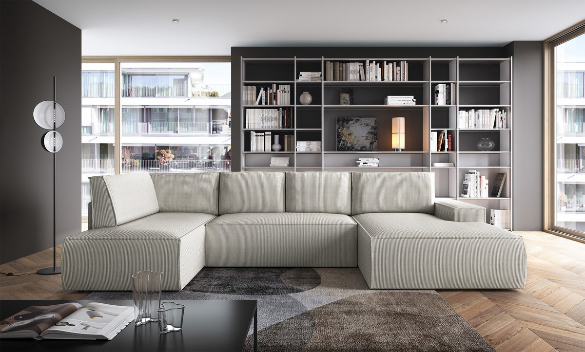 Canapé d'angle avec fonction couchage Farese New en U, avec rangement, angle droit, velours côtelé crème