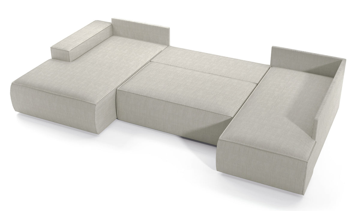 Canapé d'angle avec fonction couchage Farese New en U avec rangement, côté gauche, velours côtelé crème