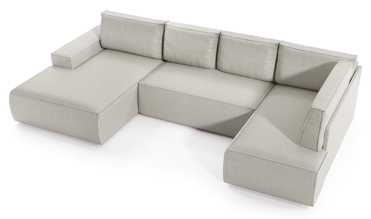 Canapé d'angle avec fonction couchage Farese New en U avec rangement, côté gauche, velours côtelé crème