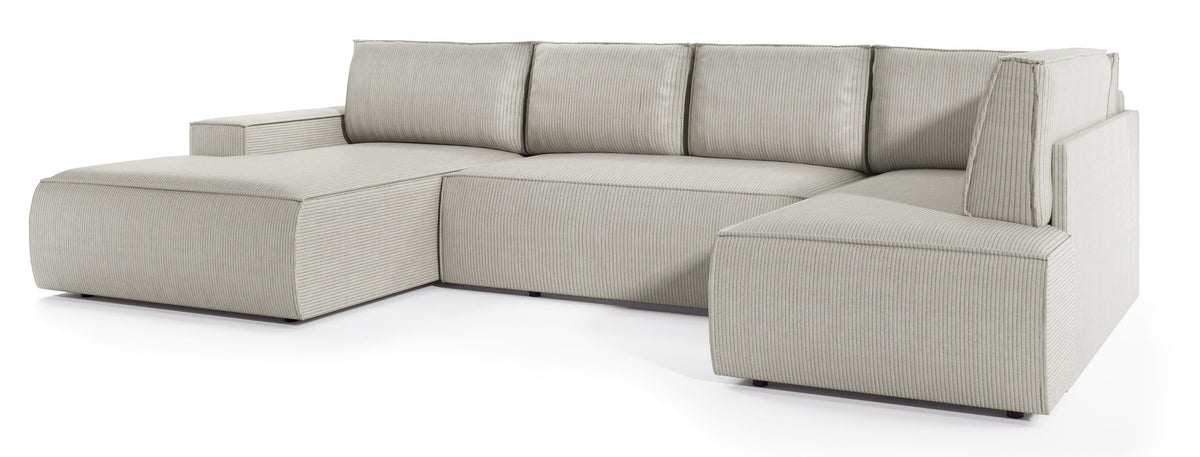 Canapé d'angle avec fonction couchage Farese New en U avec rangement, côté gauche, velours côtelé crème
