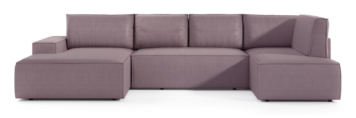 Canapé d'angle avec fonction couchage Farese New en U avec rangement, côté gauche, velours côtelé rose