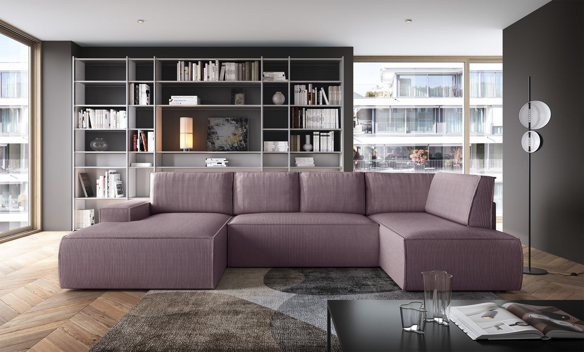 Canapé d'angle avec fonction couchage Farese New en U avec rangement, côté gauche, velours côtelé rose